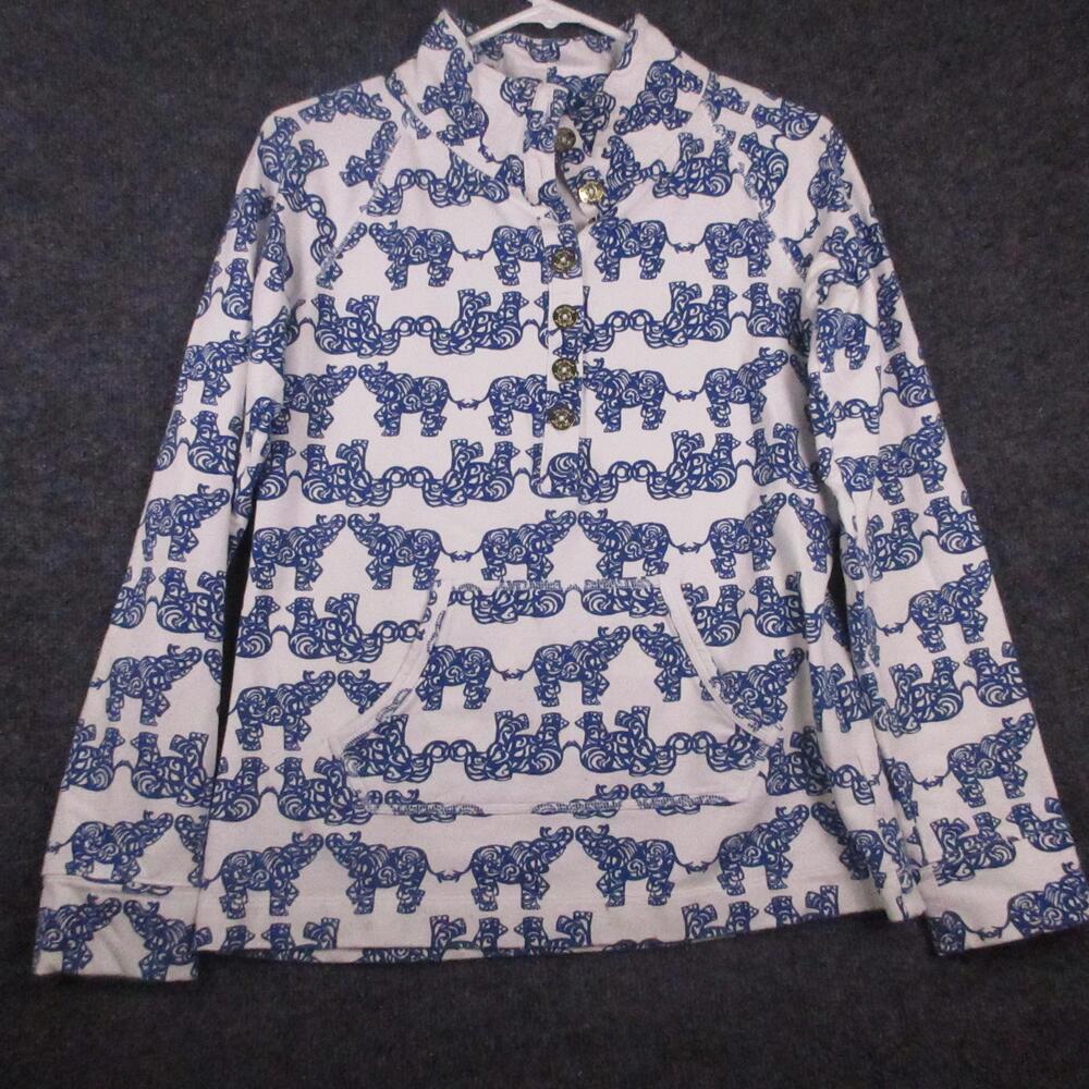 Lilly Pulitzer Sweatshirt Womens Small White Blue Elephant Print Henley Terry